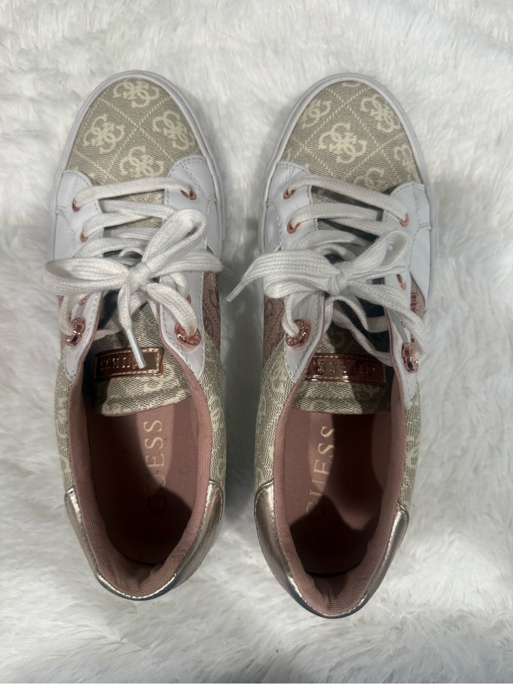 GUESS Logo Monogram Sneakers - Rose Gold Accents - Women’s 9